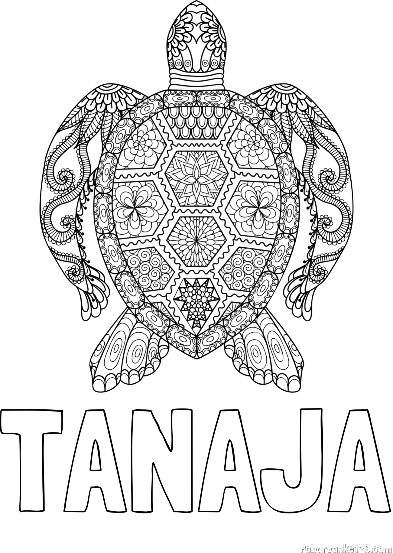 Pobarvanka imena TANAJA in pobarvanka želve - mandale
