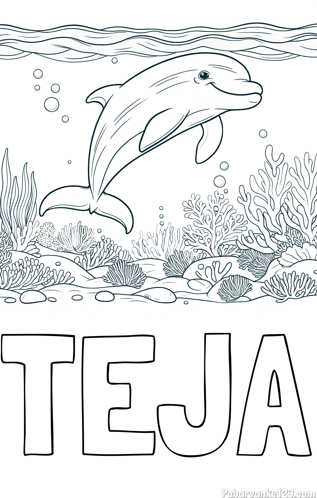 Pobarvanka imena TEJA in pobarvanka ljubkega delfina med plavanjem v morju