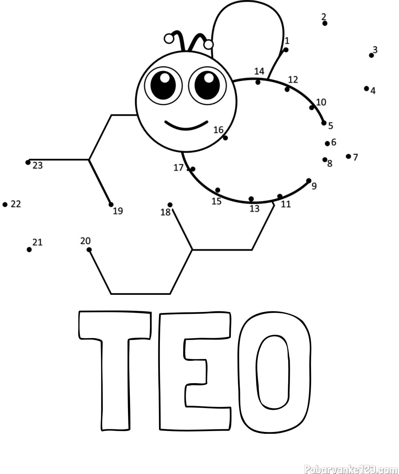 Pobarvanka imena TEO in pobarvanka čebelice in satja - poveži številke