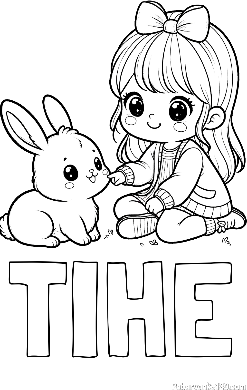 Pobarvanka imena TIHE in pobarvanka ljubke punčke, ki se igra z zajčkom