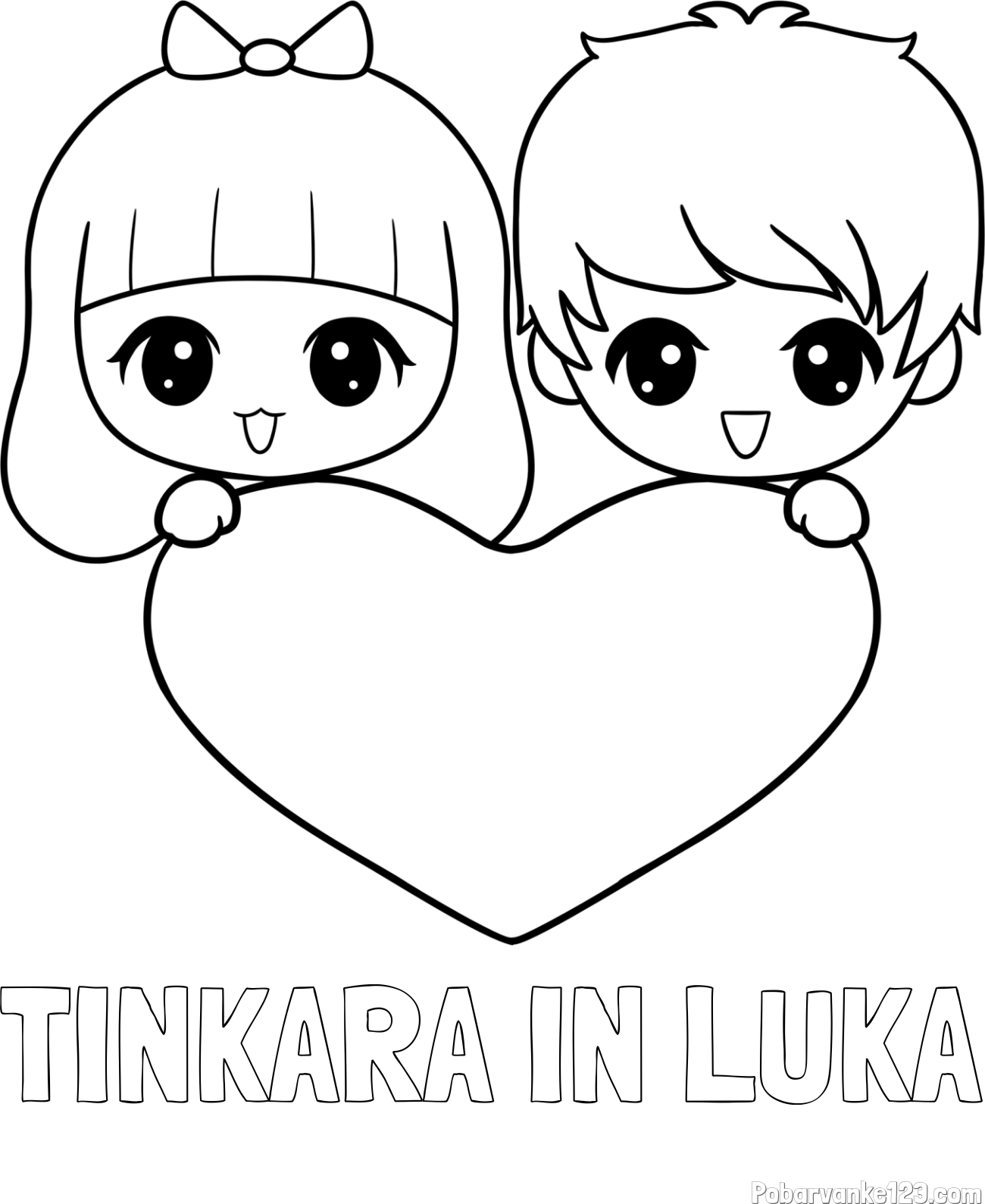 Pobarvanka imena TINKARA IN LUKA in pobarvanka fantka in deklice, ki objemata srček
