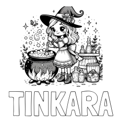 Online izdelana pobarvanka - Pobarvanka imena TINKARA in pobarvanka prikupna čarovnica, ki pripravlja čarobni napoj