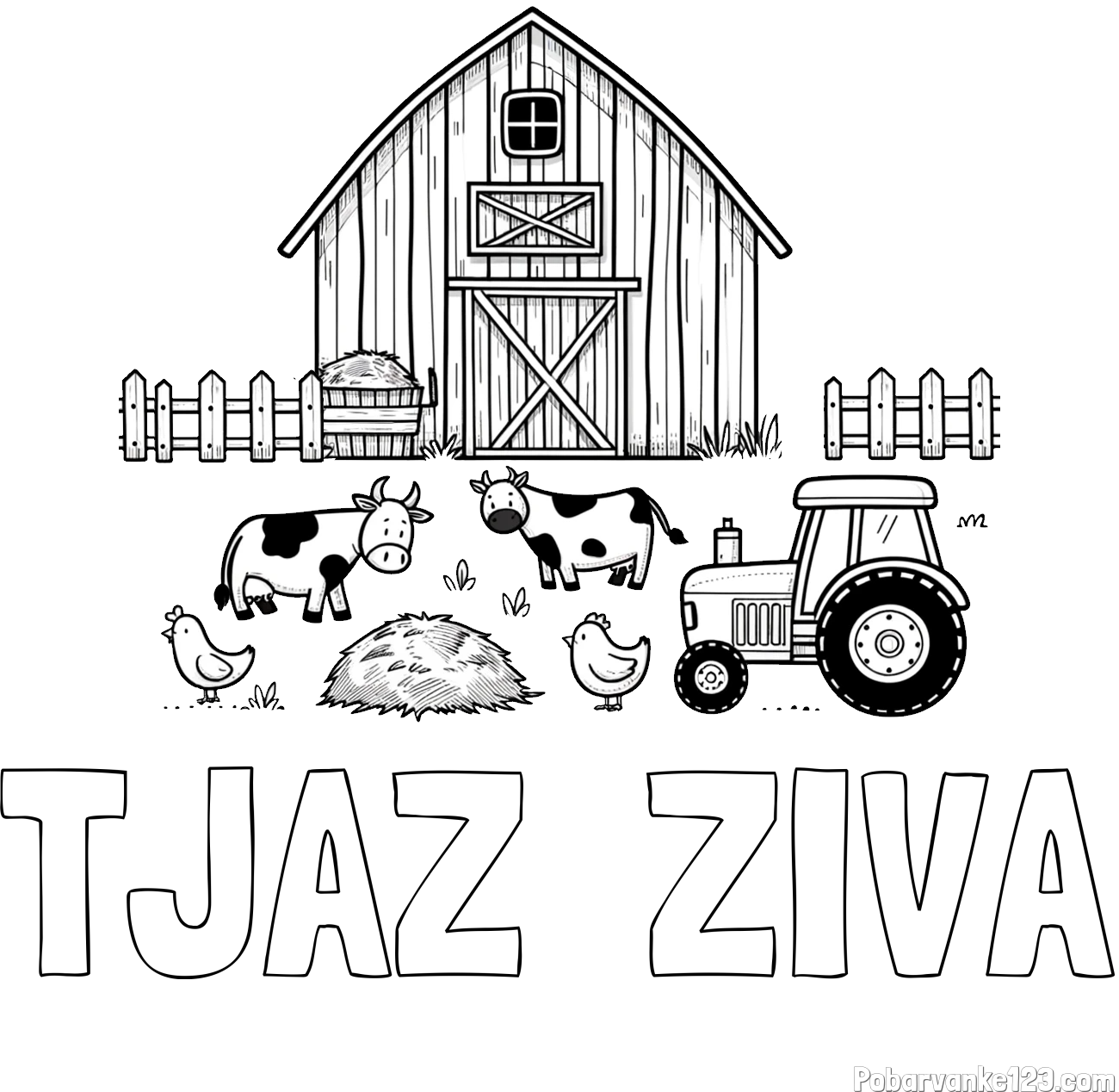Pobarvanka imena TJAŽ  ŽIVA in otroška pobarvanka velikega senika, krav in traktorja