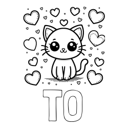 Online izdelana pobarvanka - Pobarvanka imena TO in pobarvanka ljubke mucke obdane z veliko srčki