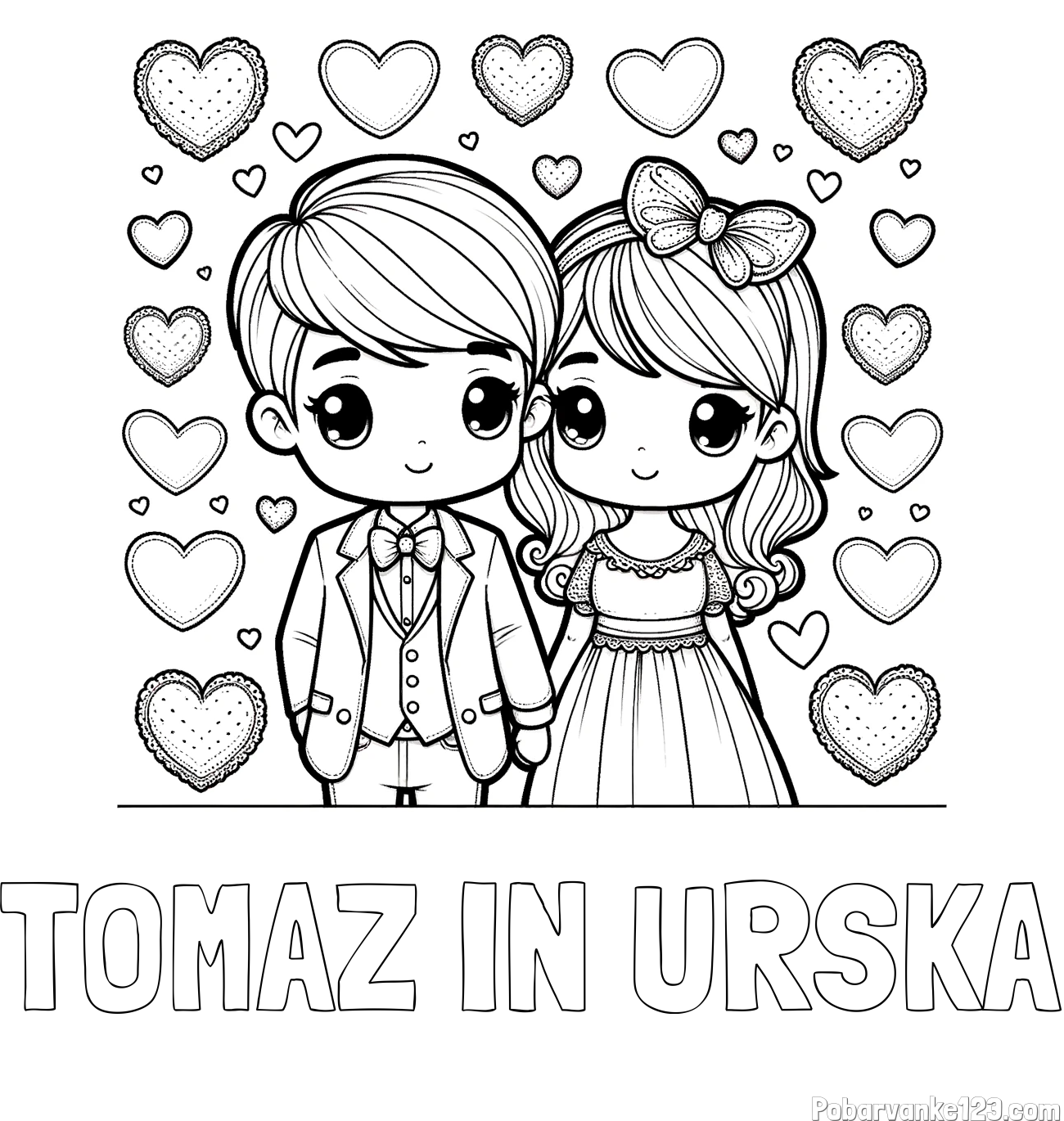 Pobarvanka imena TOMAŽ IN URŠKA in pobarvanka dveh zaljubljencev s srčki