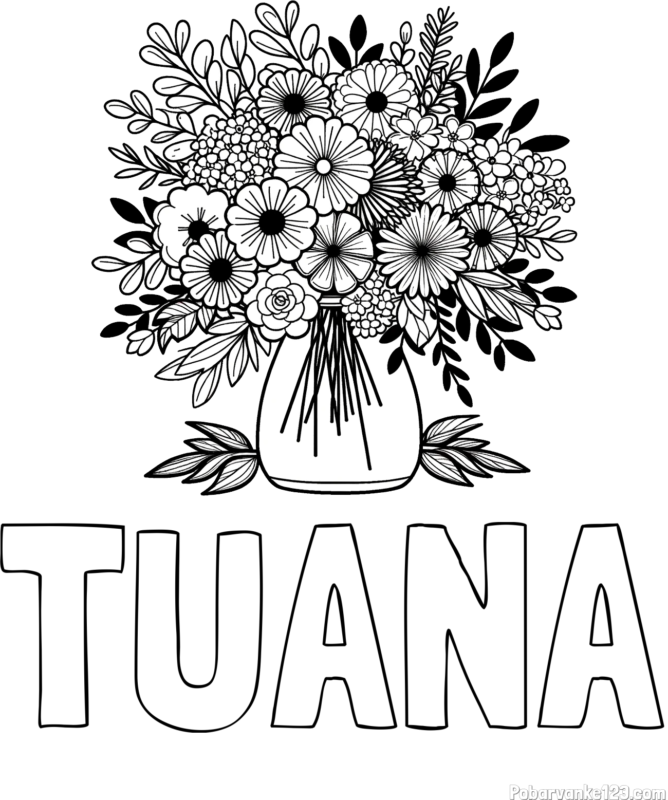 Pobarvanka imena TUANA in pobarvanka veliekga šopka rož