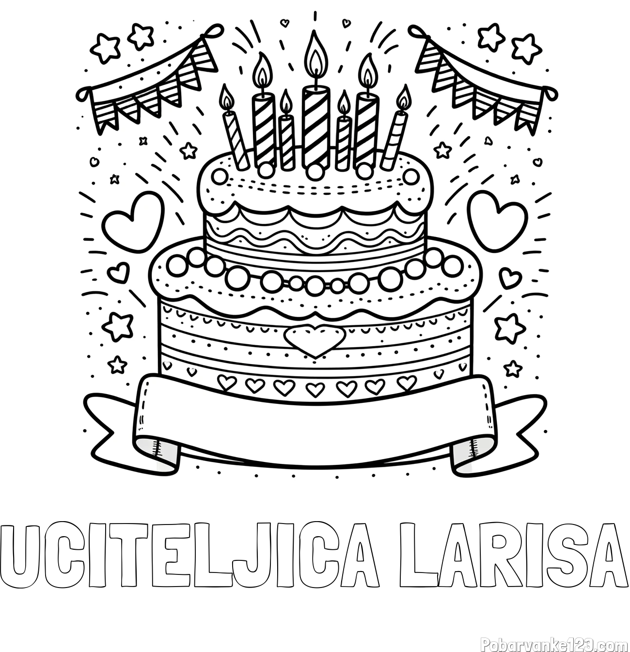 Pobarvanka imena UČITELJICA LARISA in pobarvanka velike torte za rojstni dan