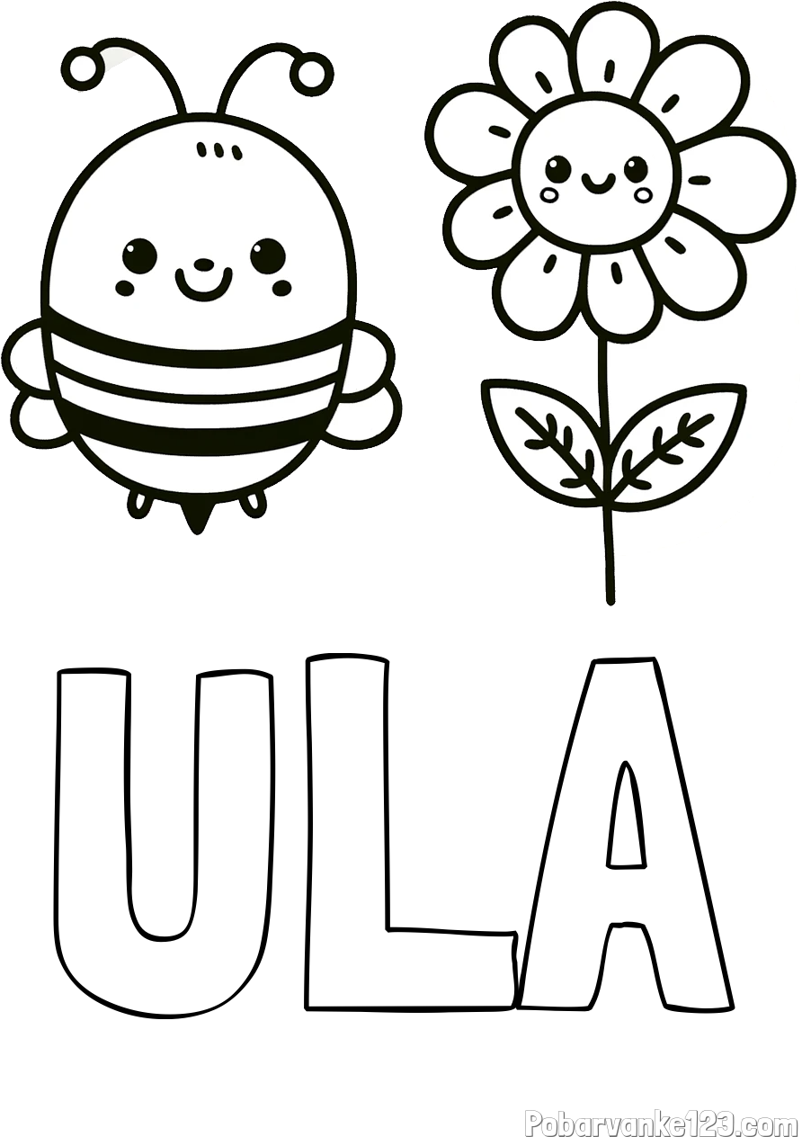 Pobarvanka imena ULA in pobarvanka ljubke čebelice in nasmejane rože