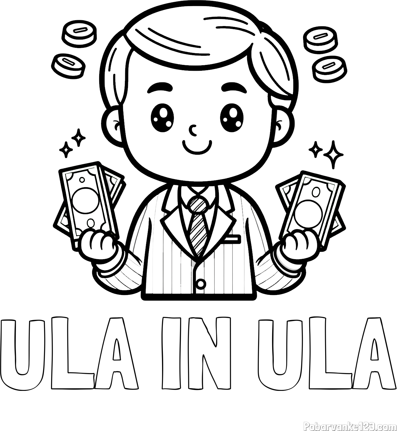 Pobarvanka imena ULA IN ULA in otroška pobarvanka bankirja z veliko denarja