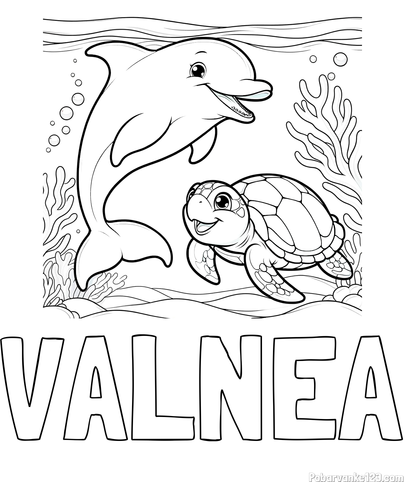 Pobarvanka imena VALNEA in pobarvanka ljubkega delfina z želvo v morju