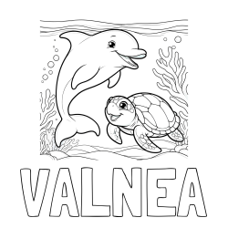 Online izdelana pobarvanka - Pobarvanka imena VALNEA in pobarvanka ljubkega delfina z želvo v morju