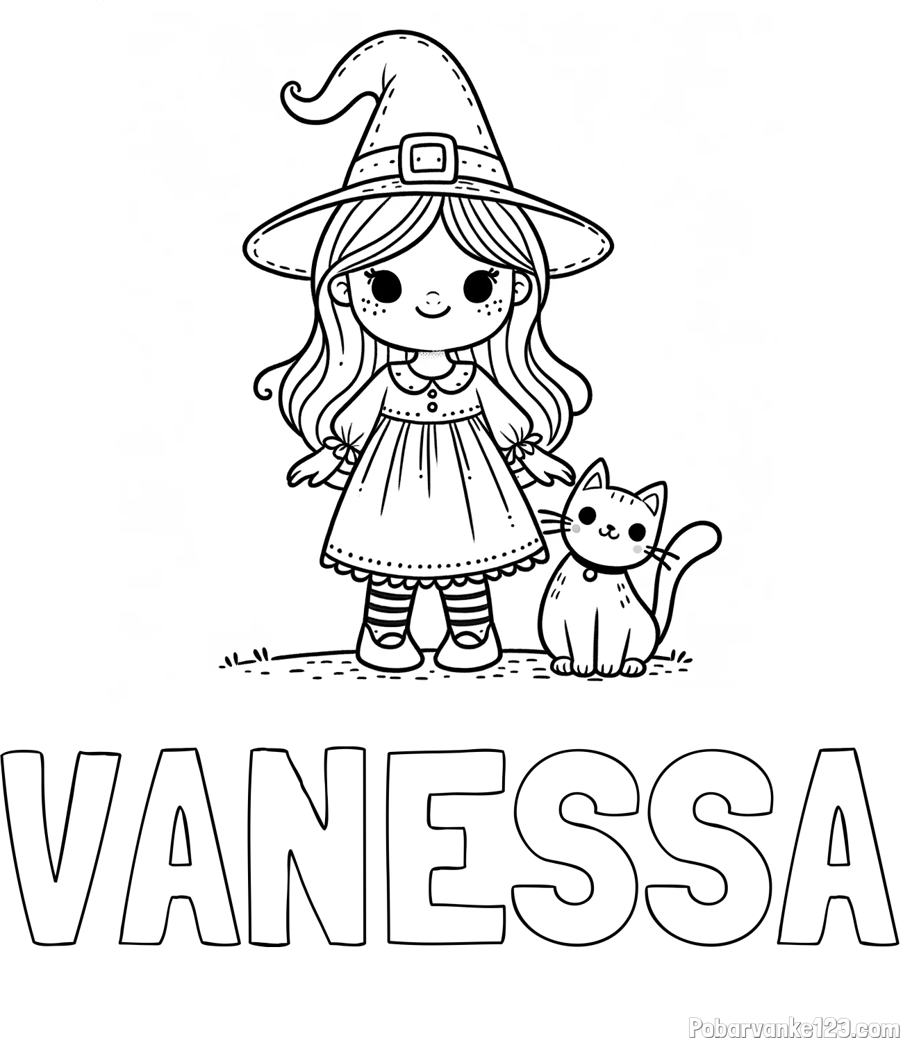 Pobarvanka imena VANESSA in Čudovita pobarvanka ljubke čarovnice in nasmejane mačke