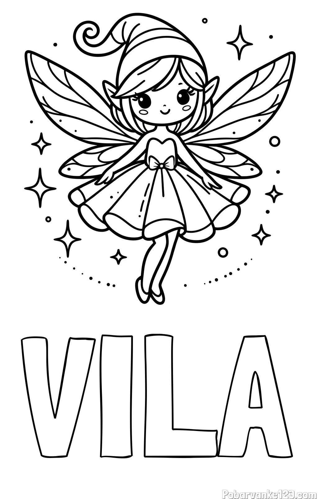 Pobarvanka imena VILA in otroška pobarvanka čudovite vile