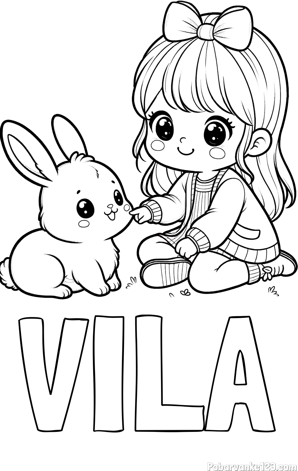 Pobarvanka imena VILA in pobarvanka ljubke punčke, ki se igra z zajčkom