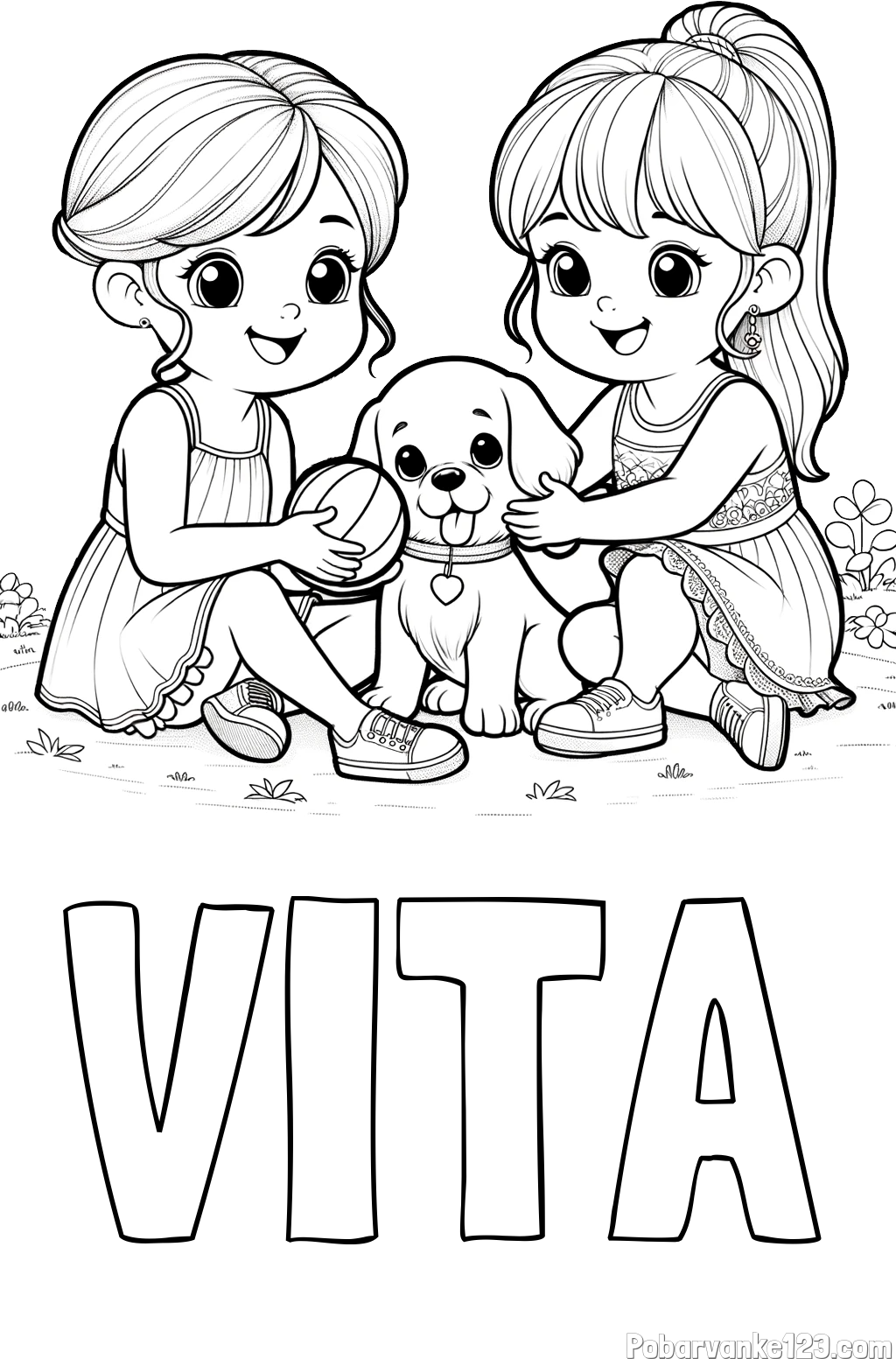 Pobarvanka imena VITA in pobarvanka prijateljic s kužkom
