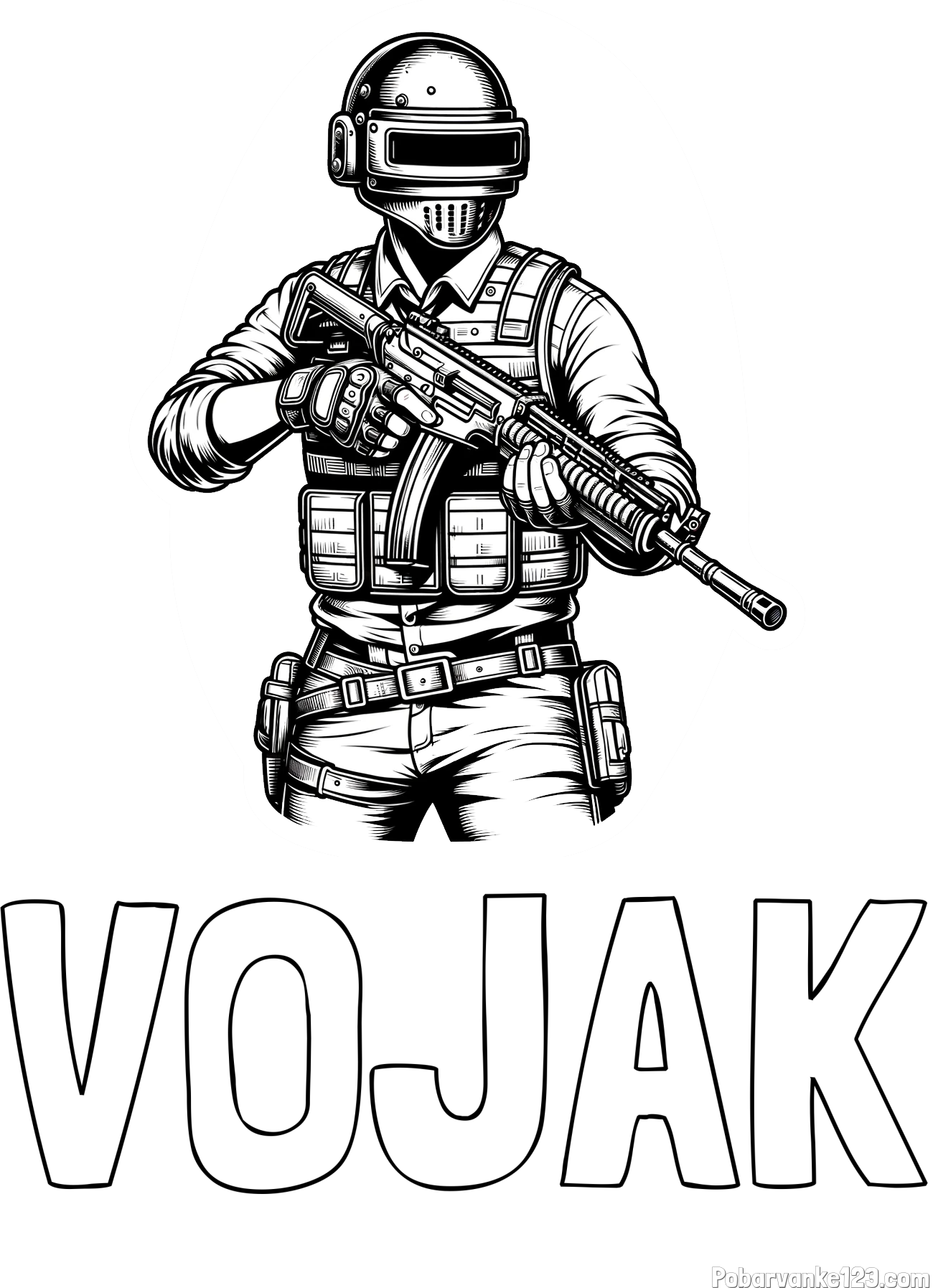 Pobarvanka imena VOJAK in pobarvanka PUBG osrednjega lika v bojnem položaju