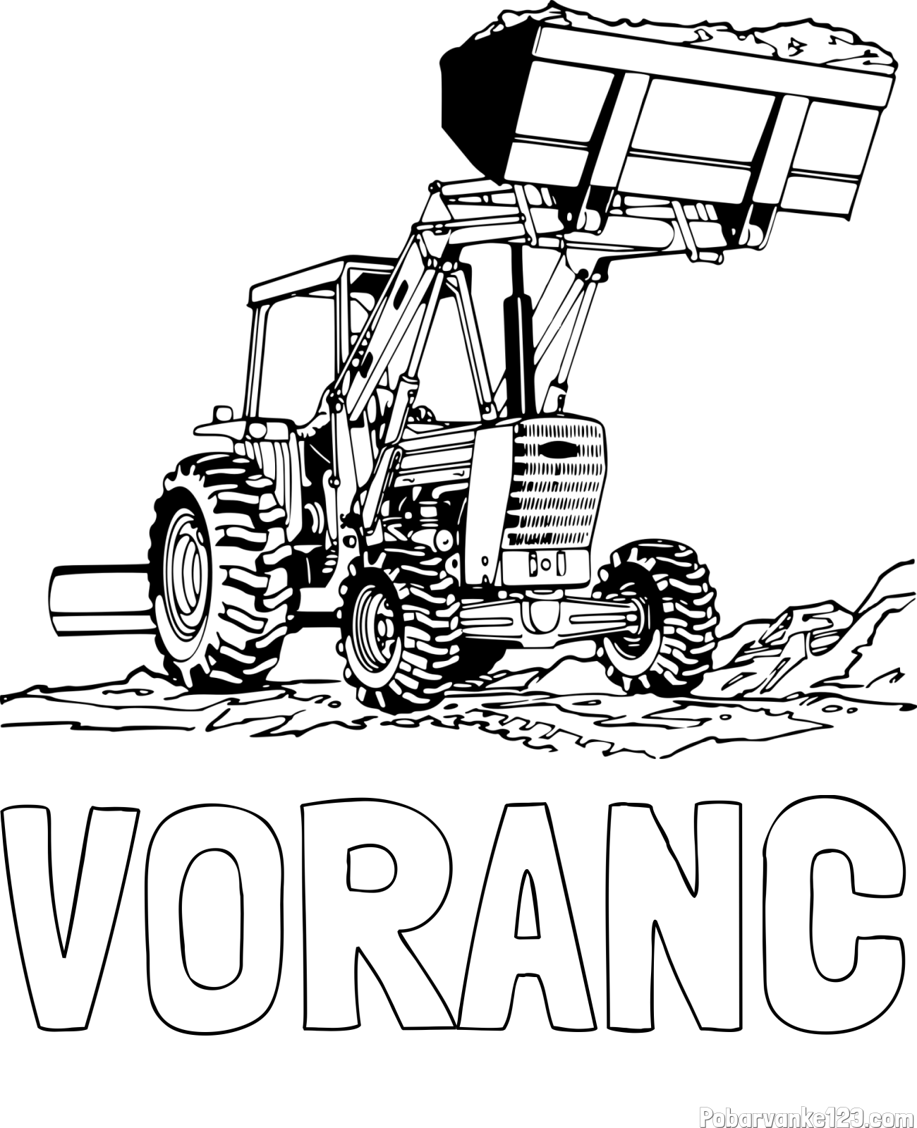 Pobarvanka imena VORANC in pobarvanka velikega traktorja med prenosom zemljine