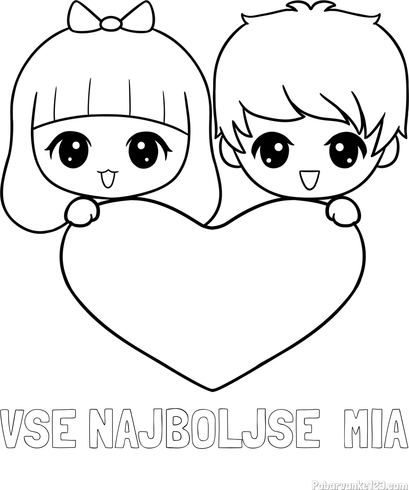 Pobarvanka imena VSE NAJBOLJŠE  MIA in pobarvanka fantka in deklice, ki objemata srček