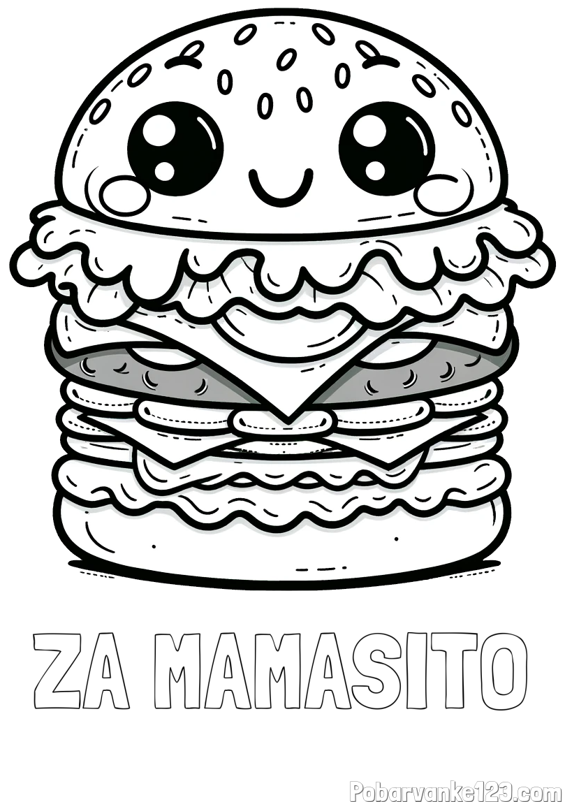 Pobarvanka imena ZA MAMASITO in otroška pobarvanka nasmejanega hamburgerja
