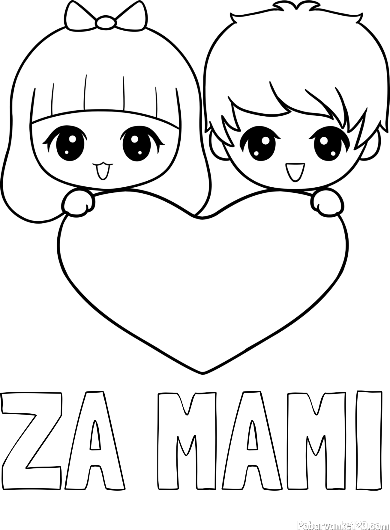 Pobarvanka imena ZA MAMI in pobarvanka fantka in deklice, ki objemata srček