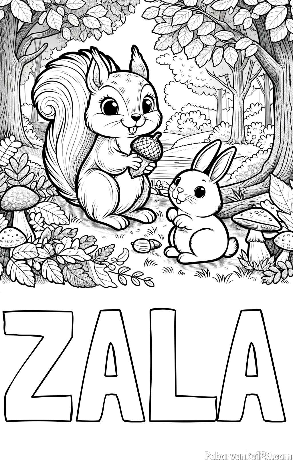 Pobarvanka imena ZALA in pobarvanka veveričke in zajčka v gozdu