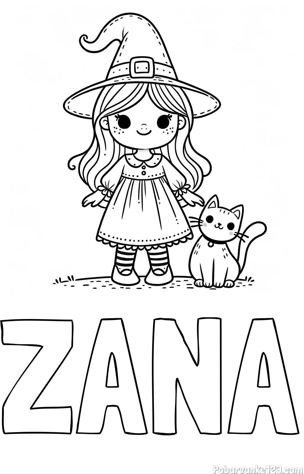 Pobarvanka imena ŽANA in Čudovita pobarvanka ljubke čarovnice in nasmejane mačke