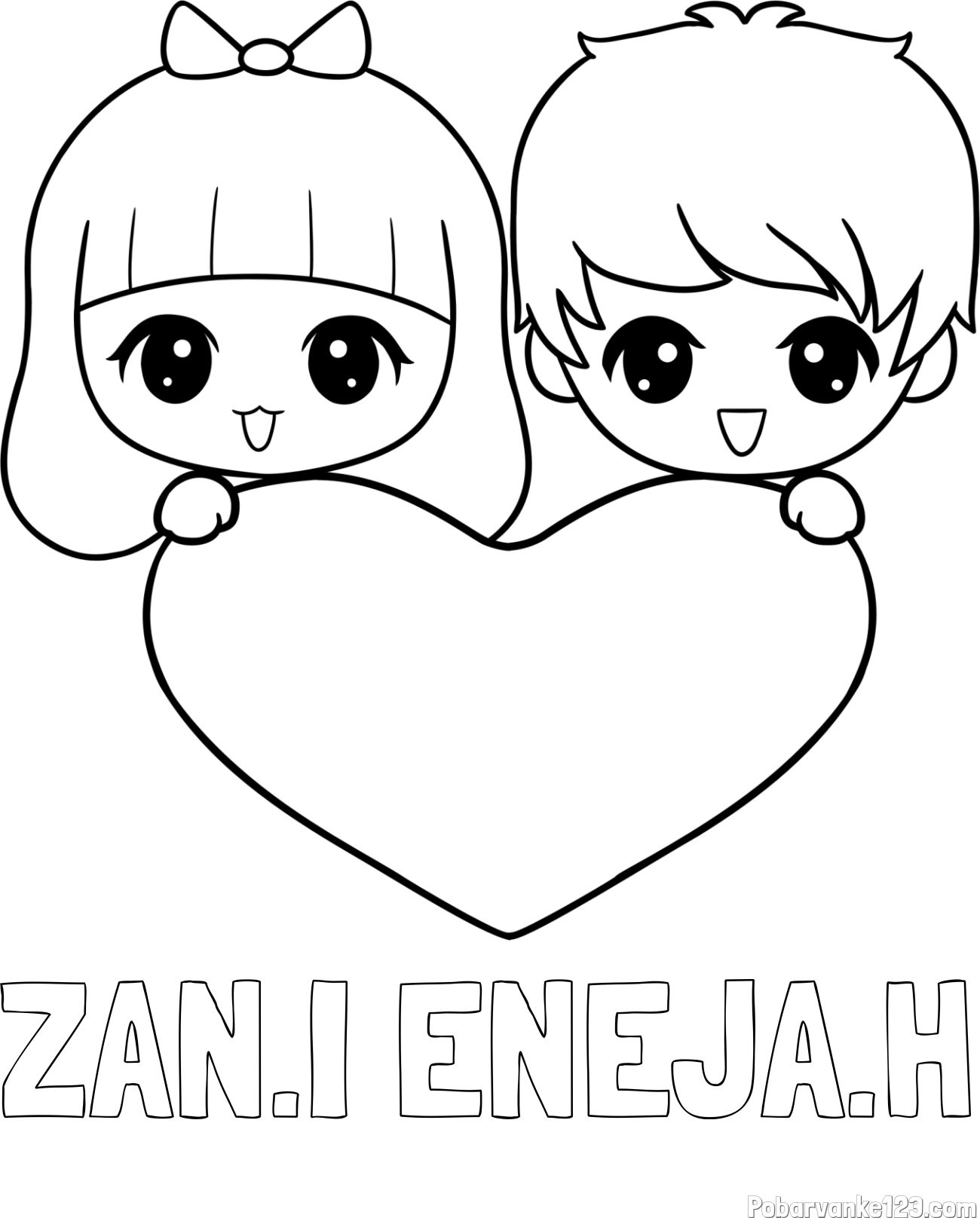 Pobarvanka imena ŽAN.I ENEJA.H in pobarvanka fantka in deklice, ki objemata srček