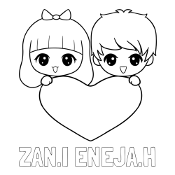 Online izdelana pobarvanka - Pobarvanka imena ŽAN.I ENEJA.H in pobarvanka fantka in deklice, ki objemata srček
