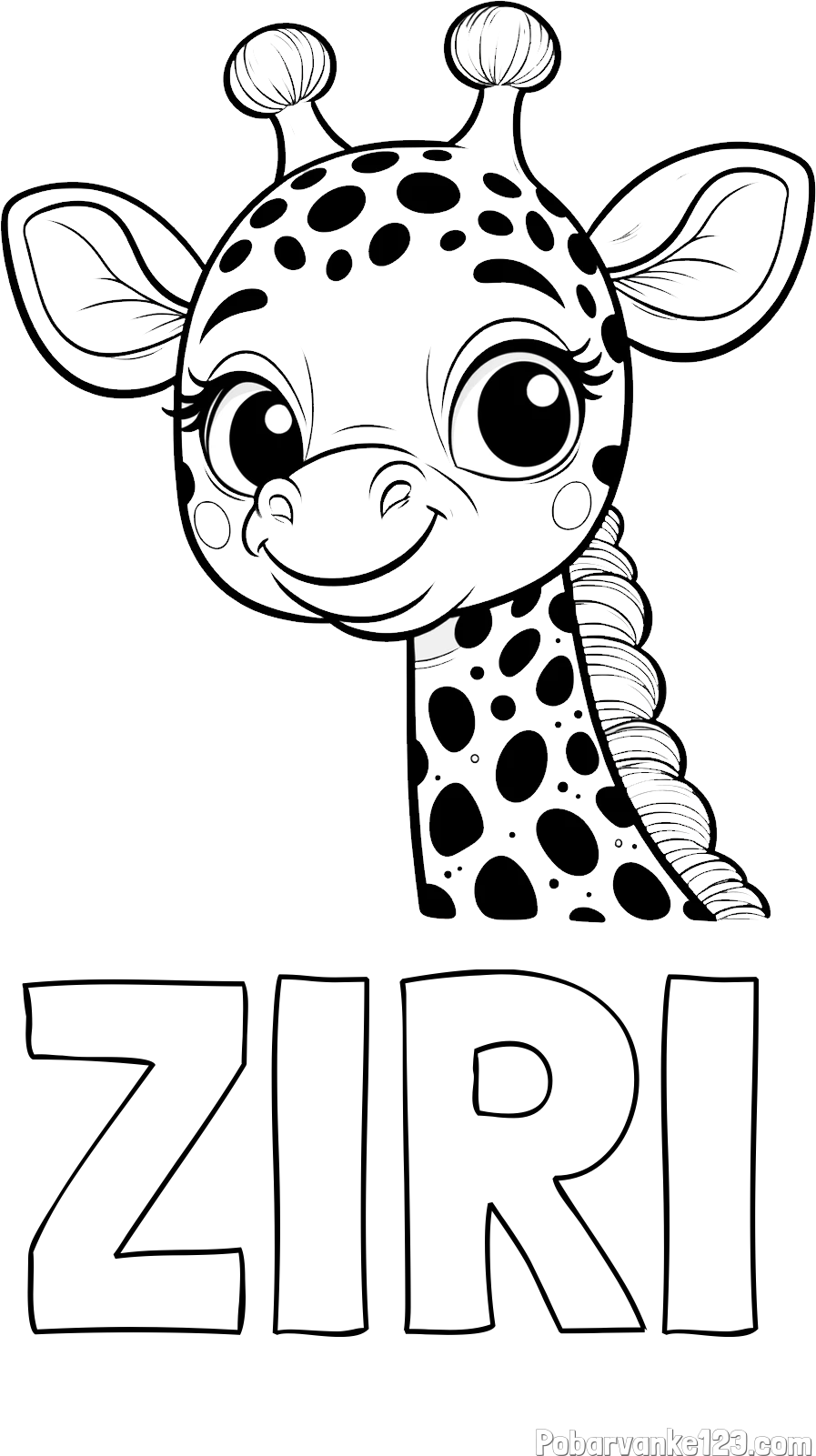 Pobarvanka imena ŽIRI in pobarvanka ljubke žirafe z velikimi očmi