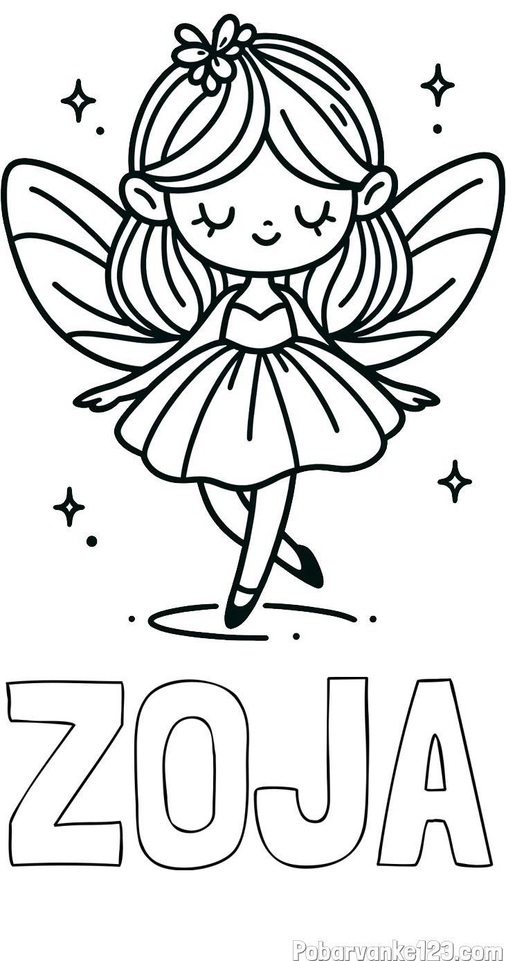 Pobarvanka imena ZOJA in enostavna pobarvanka čarobne vile