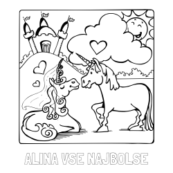 Online izdelana pobarvanka - Pobarvanka imena ALINA VSE NAJBOLŠE in pobarvanka zaljubljenih samorogov