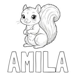 Online izdelana pobarvanka - Pobarvanka imena AMILA in pobarvanka zelo ljubke in nasmejane veverice