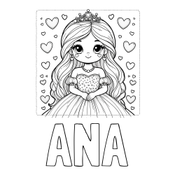 Online izdelana pobarvanka - Pobarvanka imena ANA in pobarvanka ljubke princese obdane s srčki