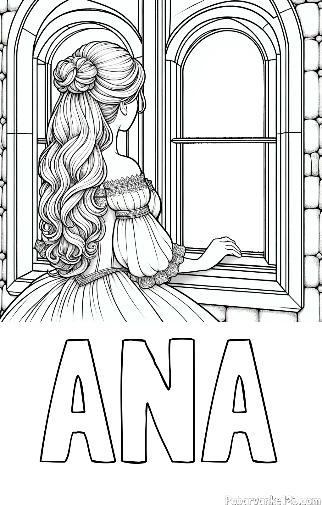 Pobarvanka imena ANA in pobarvanka princese, ki gleda skozi okno