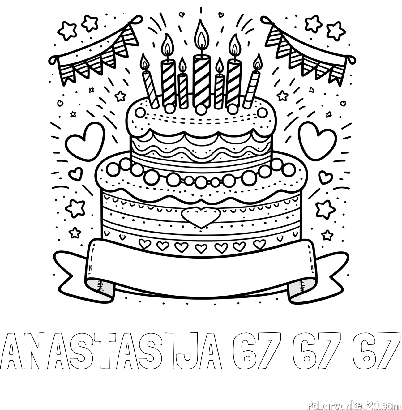 Pobarvanka imena ANASTASIJA 67 67 67 in pobarvanka velike torte za rojstni dan