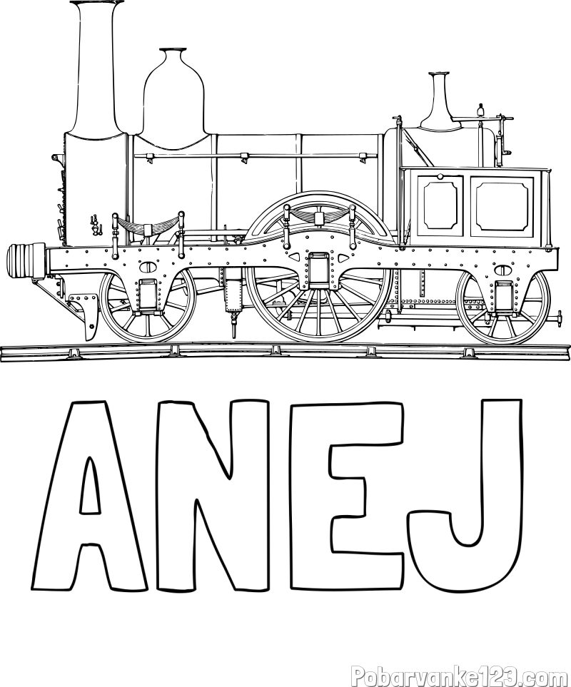 Pobarvanka imena ANEJ in pobarvanka realistično upodobljene lokomotive
