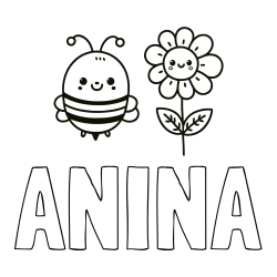 Online izdelana pobarvanka - Pobarvanka imena ANINA in pobarvanka ljubke čebelice in nasmejane rože