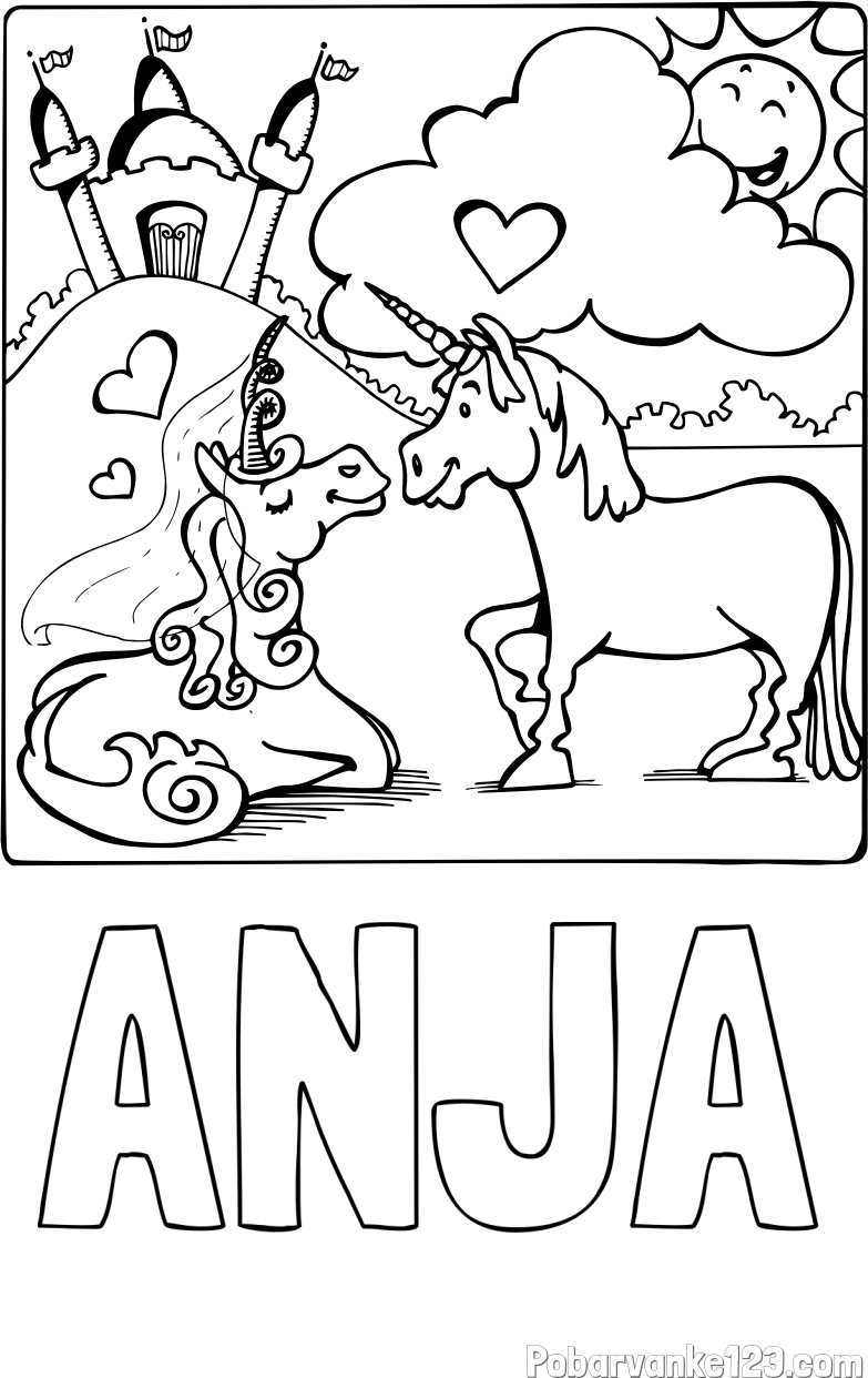 Pobarvanka imena ANJA in pobarvanka zaljubljenih samorogov