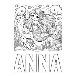 Online izdelana pobarvanka - Pobarvanka imena ANNA in pobarvana ljubke morske deklice s prijatelji