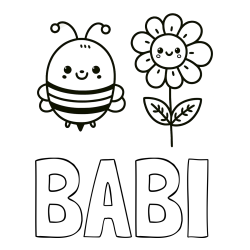 Online izdelana pobarvanka - Pobarvanka imena BABI in pobarvanka ljubke čebelice in nasmejane rože