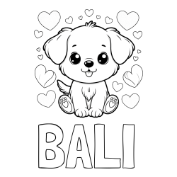 Online izdelana pobarvanka - Pobarvanka imena BALI in pobarvanka ljubkega kužka obdanega s srčki