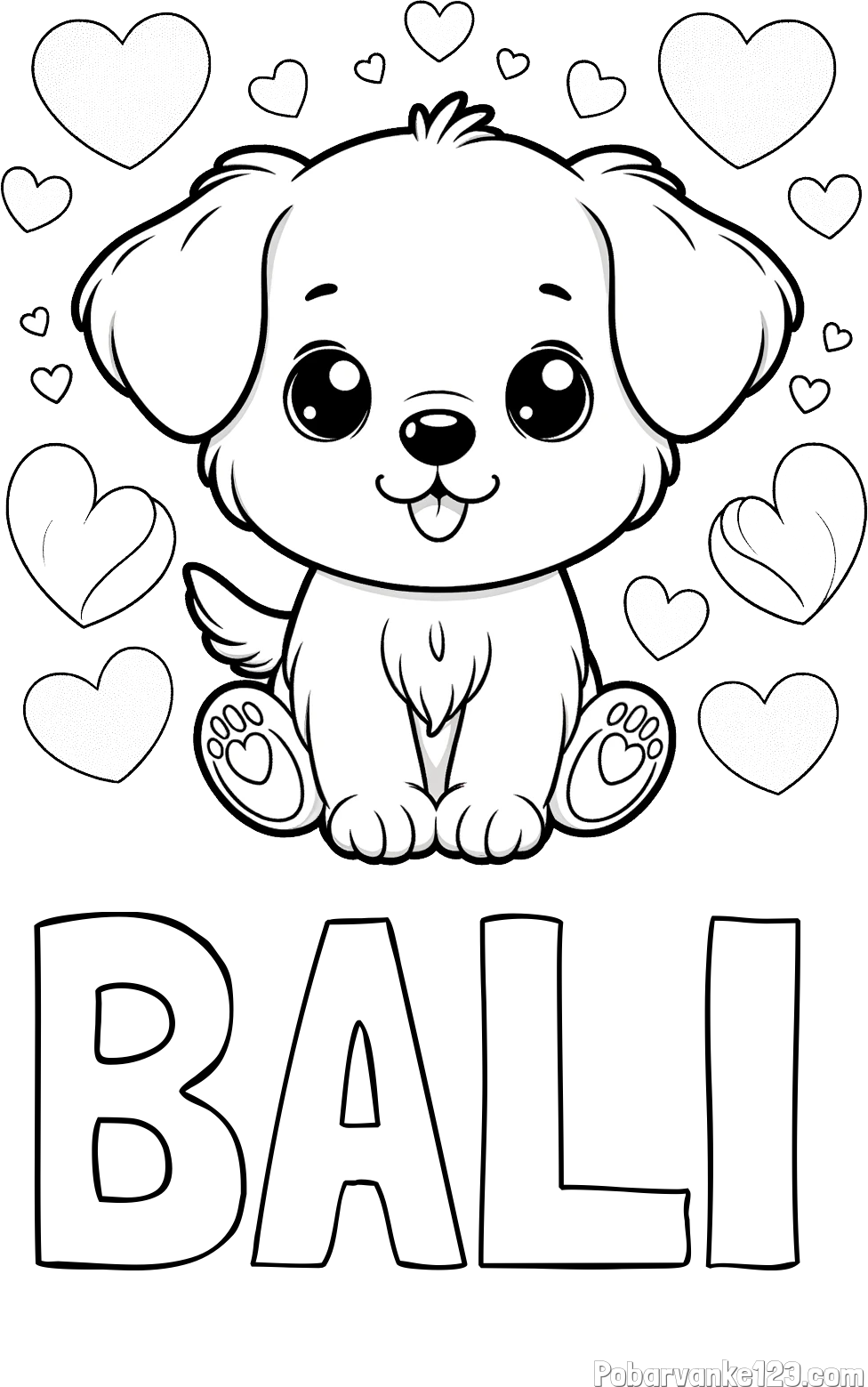 Pobarvanka imena BALI in pobarvanka ljubkega kužka obdanega s srčki