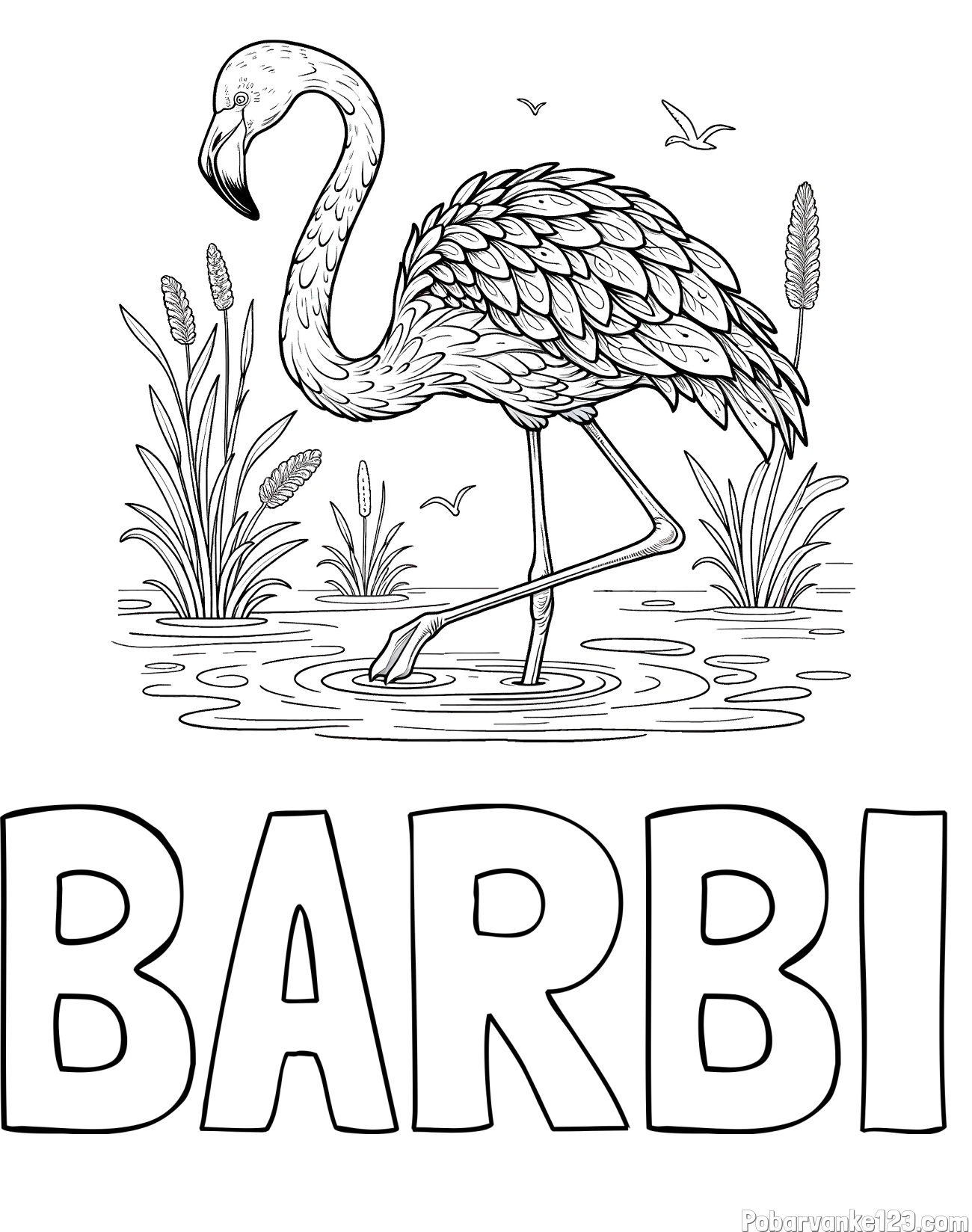 Pobarvanka imena BARBI in pobarvanka flaminga v močvirju