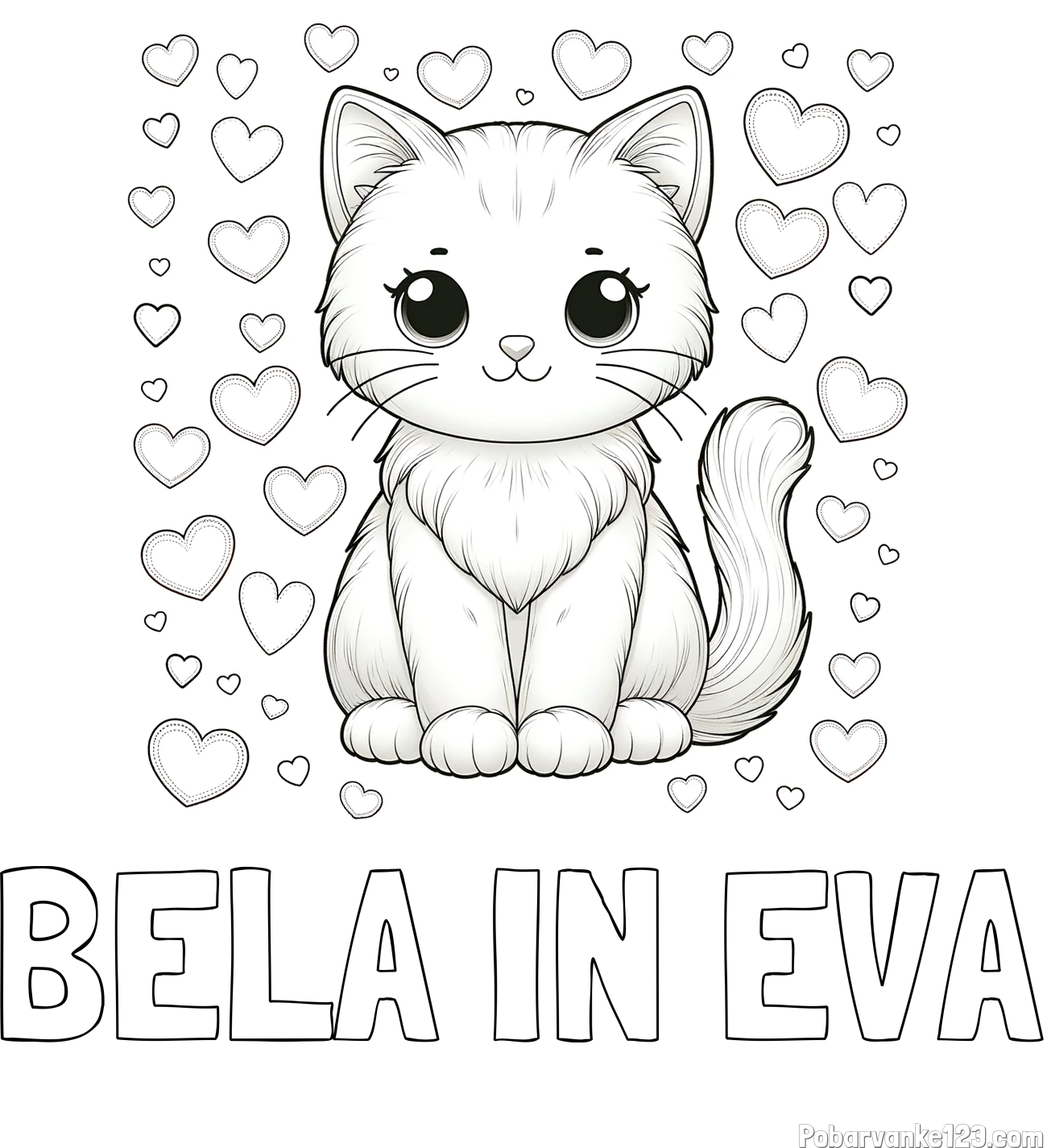 Pobarvanka imena BELA IN EVA in pobarvanka ljubke mucke obdane s srčki