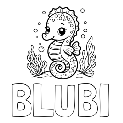 Online izdelana pobarvanka - Pobarvanka imena BLUBI in pobarvanka morskega konjička