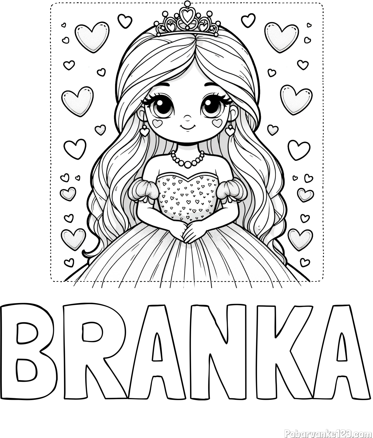 Pobarvanka imena BRANKA in pobarvanka ljubke princese obdane s srčki
