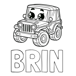 Online izdelana pobarvanka - Pobarvanka imena BRIN in otroška pobarvanka nasmejanega jeep-a