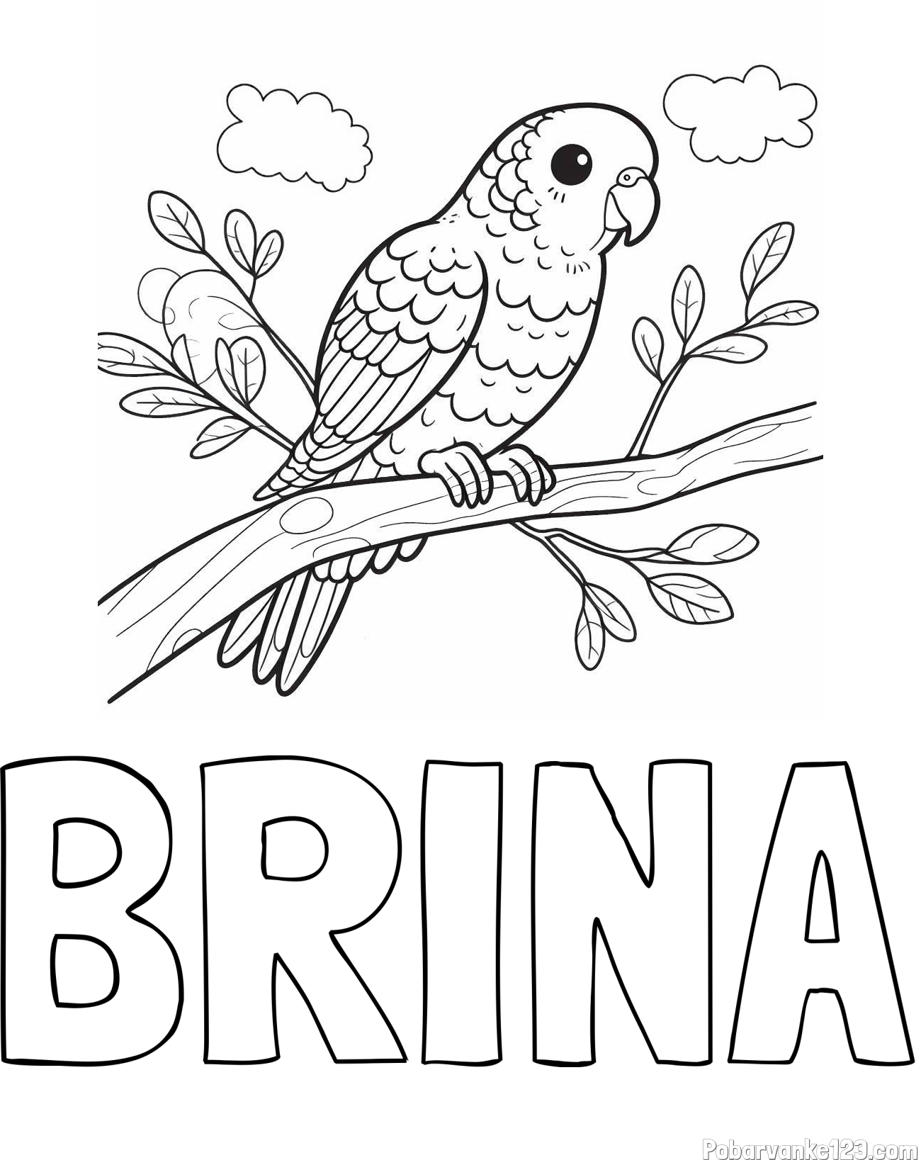 Pobarvanka imena BRINA in pobarvanka ljubkega kanarčka na veji