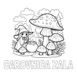 Online izdelana pobarvanka - Pobarvanka imena ČAROVNICA ZALA in pobarvanka čarovnice med gobami