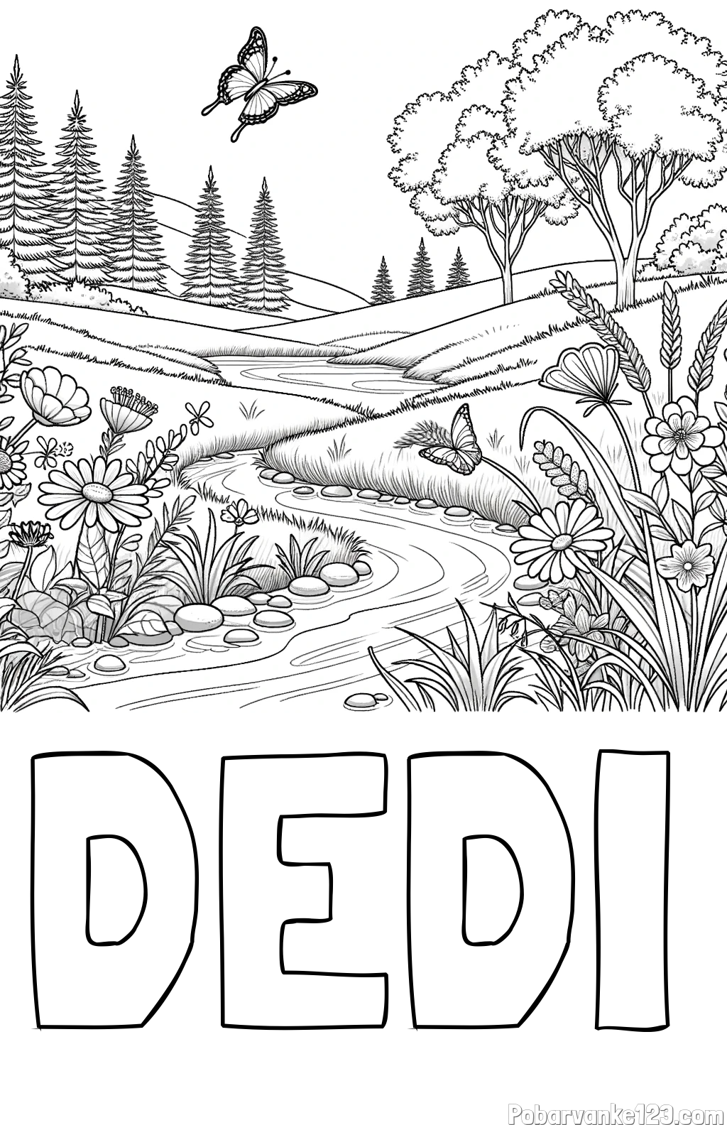 Pobarvanka imena DEDI in pobarvanka cvetoče narave